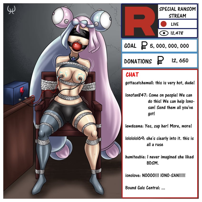 arms_behind_back ball_gag blindfold blue_hair bondage breast_bondage breasts car_battery chair_bondage comment_section electrocution electrostimulation female gagged humite-ubie iono_(pokemon) livestream long_hair nipple_torture nipples one_thighhigh pink_hair pokemon pokemon_sv recording rope_bondage shorts socks struggling thighhighs topless torture two_tone_hair