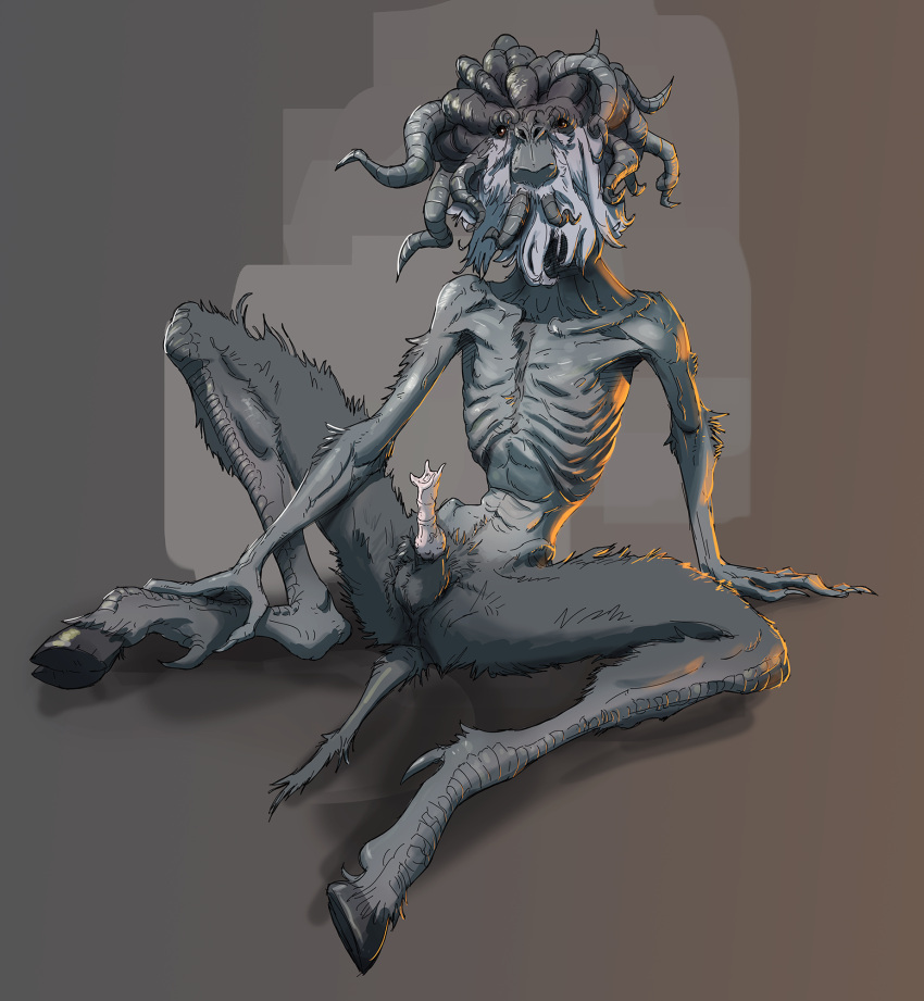 anthro bovid caprine claws dark_souls digital_media_(artwork) emaciated erection fromsoftware genitals ghru goat hair hi_res hooved_toes hooves male male_only mammal monster nude penis scuotivento simple_background skinny slim solo solo_male unusual_anatomy unusual_genitalia unusual_penis