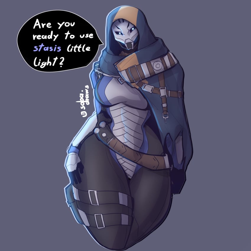 2d blue_eyes breasts bungie curvy curvy_female curvy_figure destiny destiny_(game) elsie_bray exo exo_stranger female female_focus female_only gray_background hand_on_thigh large_breasts monty_nsfw monty_smug robot robot_girl robot_humanoid talking_to_viewer text text_bubble thick_thighs video_games