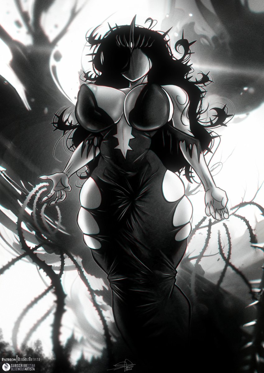 1girls areolae big_ass big_breasts black_hair bluewolfartisa braless cleavage crown curly_hair curvy curvy_figure detailed_background faceless_character faceless_female large_areolae messy_hair mommy mommy_kink no_bra puffy_nipples ripped_clothing scp-2747 sharp_fingernails solo tagme thick_thighs thorns tight_clothing white_skin