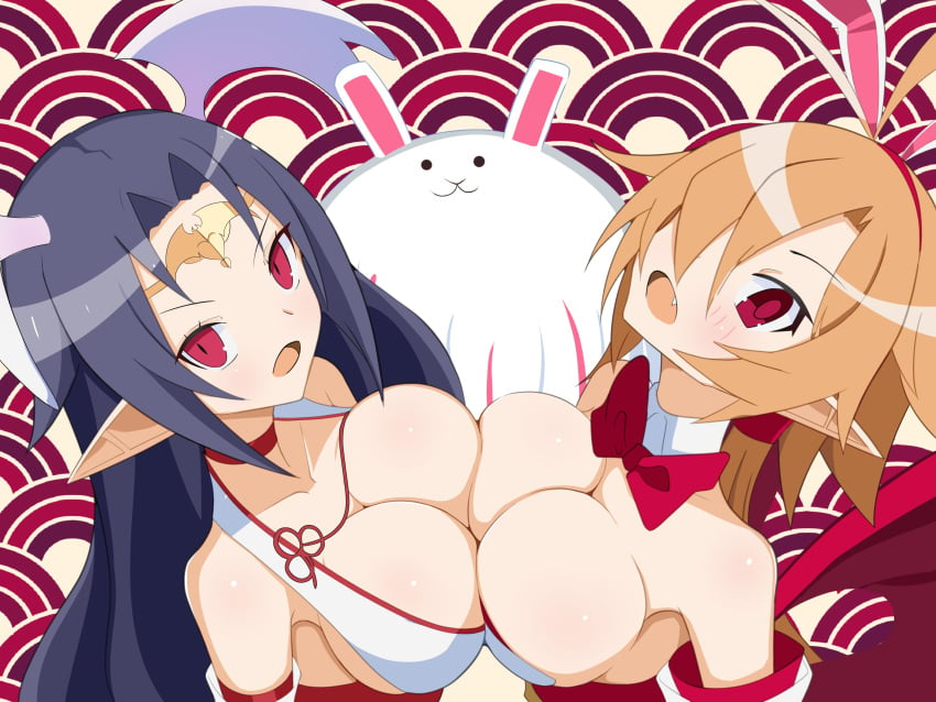 above_view breasts cleavage disgaea disgaea_6 disgaea_rpg large_breasts lucy_(disgaea_rpg) melodia nippon_ichi_software octpus_tako pressing_breasts_together shrine_maiden