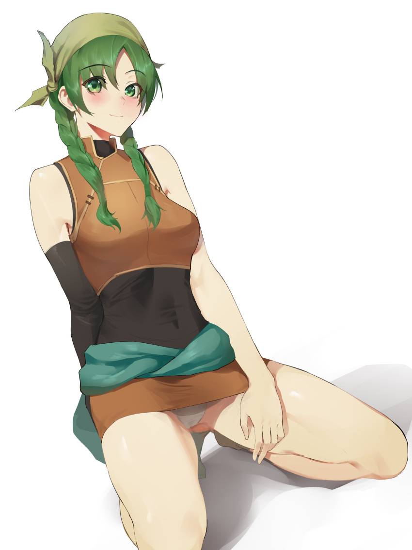 1girls absurdres bandana bare_thighs black_shirt blinkblink_art blush braid clothes_around_waist covered_navel female female female_only fire_emblem fire_emblem:_the_blazing_blade green_eyes green_hair highres looking_at_viewer miniskirt nintendo on_floor panties pantyshot rebecca_(fire_emblem) shirt simple_background skirt sleeveless spread_legs thighs twin_braids underwear upskirt white_panties