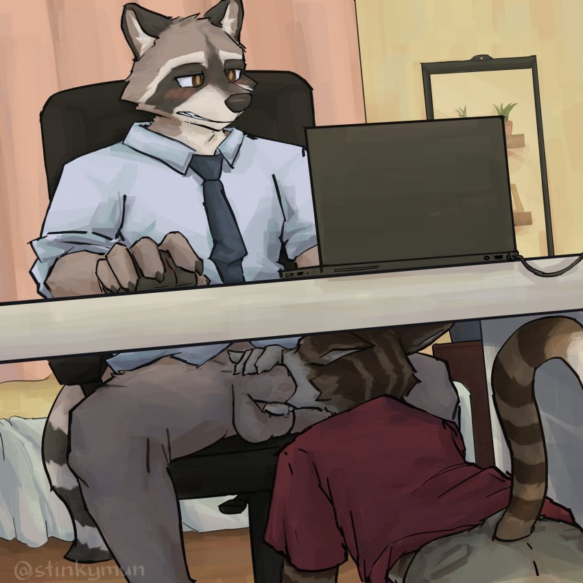 absurd_res anthro anthro_on_anthro ass balls blush bottomless bottomwear clothed clothing computer computer_mouse domestic_cat dress_shirt duo felid feline felis fellatio fur furgonomics genitals grey_body grey_fur hi_res laptop male male/male mammal necktie oral pants penile procyonid raccoon sex shirt stinkymun t-shirt topwear under_the_table