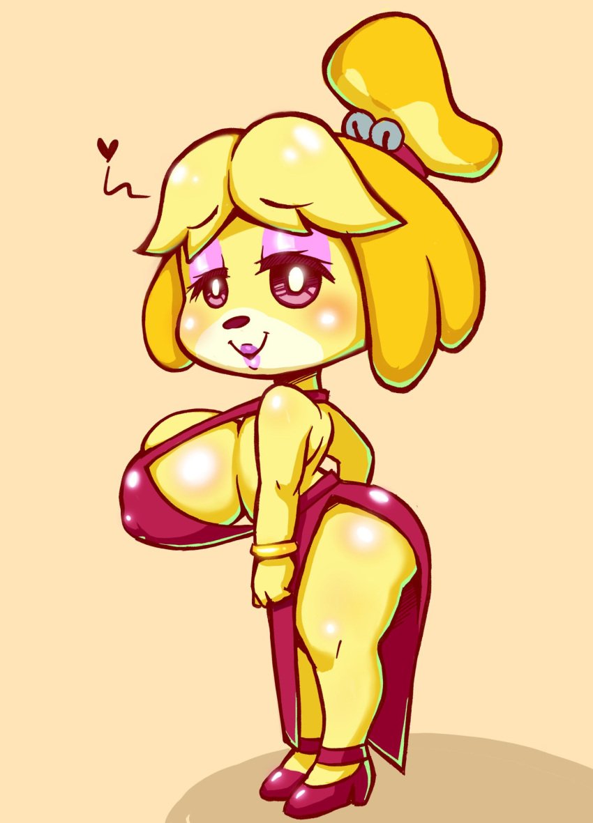 1girls abstract_background animal_crossing anthro ass barely_clothed big_ass big_breasts big_butt bimbo breasts clothed clothing female female_only furry heart high_heels huge_breasts isabelle_(animal_crossing) large_ass large_breasts large_butt lipstick looking_at_viewer mossyfroot nintendo shortstack solo upskirt