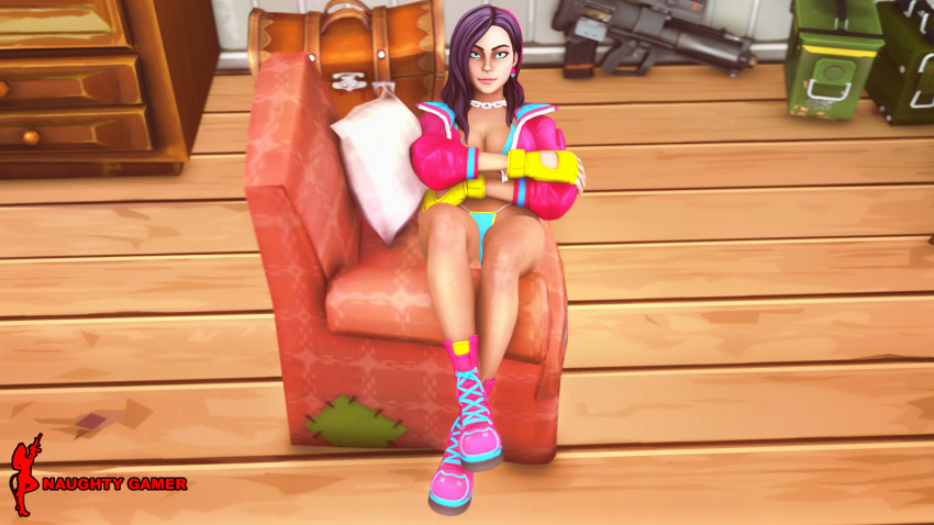 3d bikini boots chair crossing_arms fortnite jacket laying_down looking_at_viewer naughtygamer open_jacket rox_(fortnite)