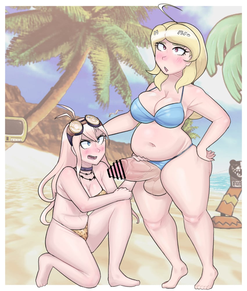 1futa 1girls 2023 ahoge akamatsu_kaede balls bar_censor beach big_breasts big_penis blonde_hair breasts censored chubby clothed clothing danganronpa duo easybee erection female forced futa_on_female futanari holding_penis huge_cock human iruma_miu light-skinned_female light-skinned_futanari light_skin long_hair mostly_nude overweight overweight_futanari penis pink_hair standing