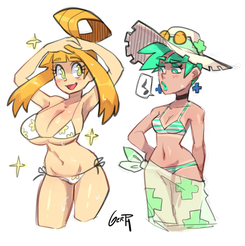 2girls anisa_(skarpworld) big_breasts bikini blonde_hair blush earrings flat_chest fully_clothed gerph green_eyes green_hair green_lipstick hand_on_hip hands_on_head light-skinned_female mint_(skarp_world) original original_character original_characters short_hair skarp_world slim_waist smiling striped_bikini tanline tanned_female toned_stomach white_background white_bikini yellow_eyes