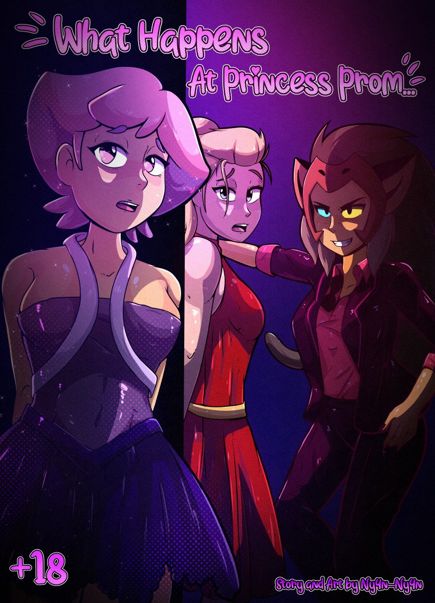 2020s 2023 3girls adora artist_name blonde_female blonde_hair blue_eyes breasts brown_hair brown_tail cat_ears cat_tail catgirl catra claws comic comic_cover cover_page dark-skinned_female dark_skin dress english_text fangs female female_only freckles glimmer_(she-ra) grin heterochromia hi_res imminent_sex light-skinned_female light_skin long_dress long_hair looking_at_another medium_hair ny4nny4an open_mouth pants pink_hair ponytail purple_dress purple_pants purple_suit red_dress she-ra_and_the_princesses_of_power shocked suit tail text voyeur voyeurism watermark yellow_eyes yuri