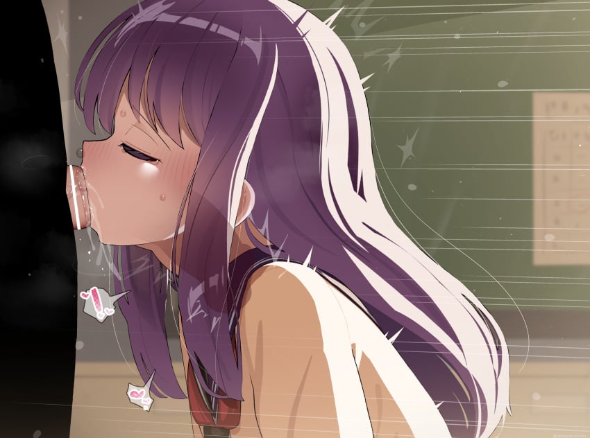 ! 1boy 2023 absurdres bar_censor blue_sailor_collar blush censored classroom closed_eyes deepthroat fellatio female heart highres kubo-san_wa_mob_wo_yurusanai kubo_nagisa long_hair mizumizuni neckerchief oral penis pine_jam purple_hair red_neckerchief sailor_collar saliva school_uniform school_uniform_(haruka_north_high_school) shirt spoken_exclamation_mark spoken_heart straight sweat variant_set veins veiny_penis yellow_shirt young_jump