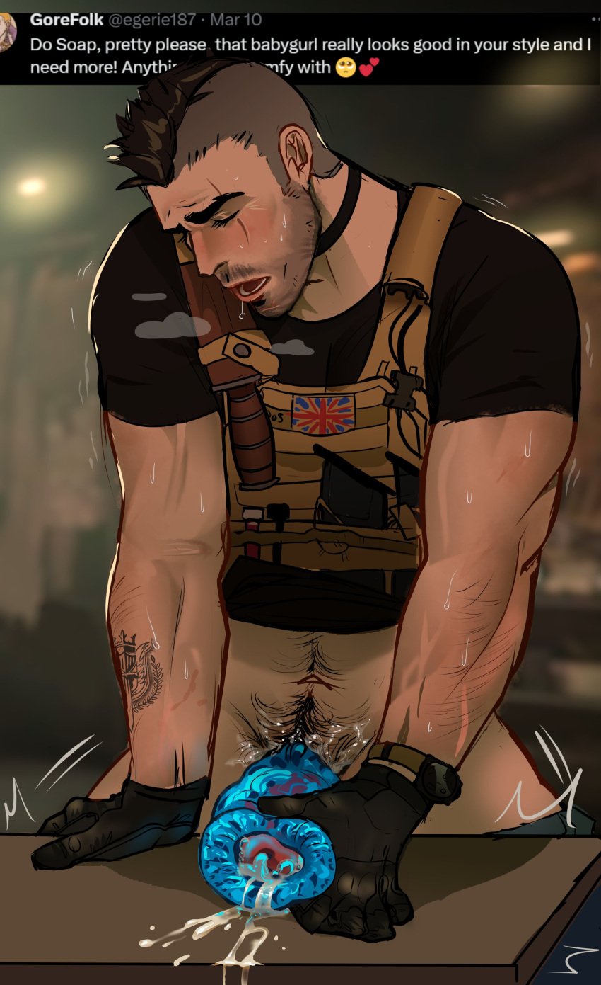 1boy arm_hair bara blush blushing bottomwear bottomwear_down buff call_of_duty clothed clothing color colored cum cum_on_sex_toy cumming cumshot eyes_closed gloves happy_trail hi_res highres hotsatans john_mactavish johnny_mactavish male male_only modern_warfare muscles muscular muscular_arms muscular_male pants_down penetration penis pubes pubic_hair request scars sex sex_toy soap_(modern_warfare_2) sweat sweating table tattoo tattoo_on_arm trembling