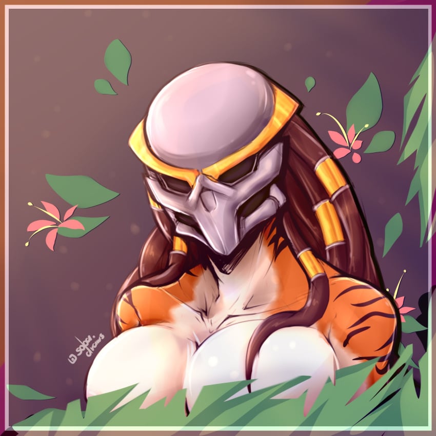 2d alien alien_girl breasts cleavage covered_nipples female female_focus female_only female_yautja gradient_background helmet large_breasts monty_nsfw monty_smug predator_(franchise) tiger_stripes video_games yautja