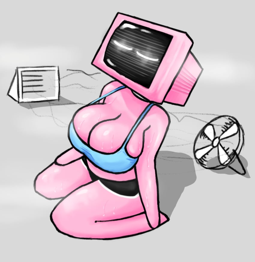 1girls big_breasts blue_bra blue_tank_top breasts camisole cathi cleavage crt crt_head female huge_breasts kneeling large_breasts object_head oc on_knees original_character pink pink_skin plokie short_shorts side_slit solo solo_female spaghetti_strap steam steaming_body sweat tank_top thighs tv_head warm