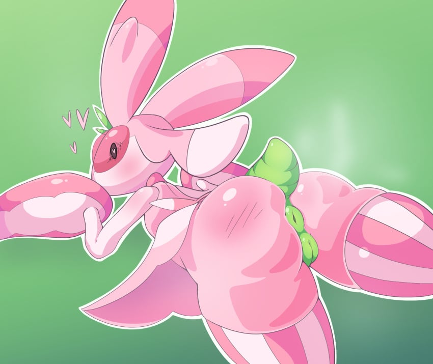 <3_eyes anthro anus arthropod ass blush clothing elemental_creature female flora_fauna generation_7_pokemon genitals heart hi_res legwear lurantis nintendo nude pink_body pinkupinkish plant pokemon pokemon_(species) puffy_anus pussy simple_background solo steam thigh_highs