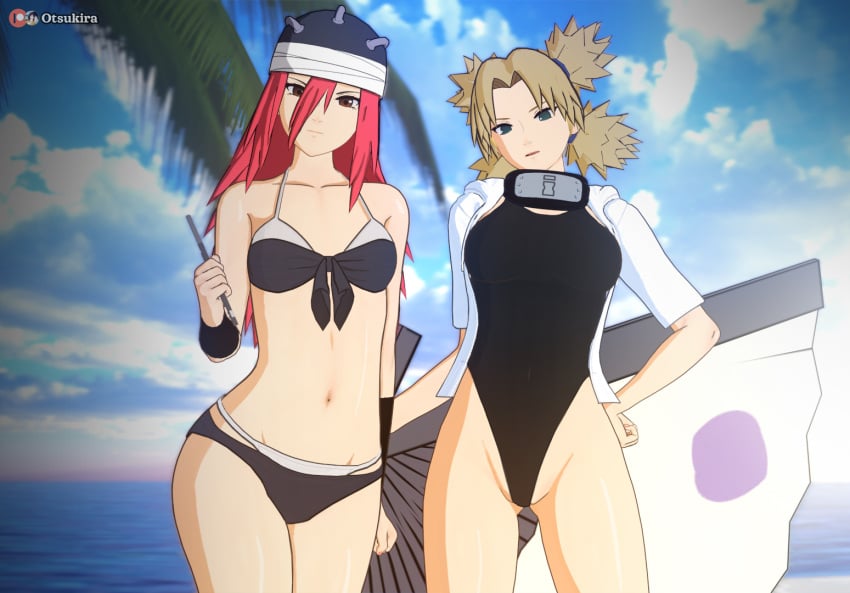 2girls bare_legs bare_shoulders big_breasts bikini blonde_hair breast_size_difference breasts cleavage curvaceous curvy curvy_figure fan female female_only flute folding_fan highleg highleg_bikini highleg_swimsuit holding_object hoodie instrument koikatsu kunoichi looking_at_viewer midriff multiple_girls musical_instrument naruto naruto_(series) naruto_shippuden ninja otsukira outdoors red_hair seaside small_breasts sunagakure_symbol swimsuit tayuya temari temari(genin) voluptuous weapon wide_hips young