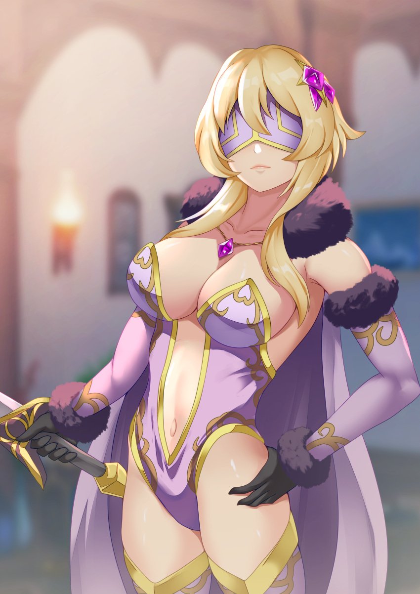 1girls blindfold blonde_hair breasts cape corruption elbow_gloves fur_collar genshin_impact gloves hand_on_hip haryu_(artist) haryudanto holding_sword large_breasts leotard lumine_(genshin_impact) navel navel_cutout necklace purple_leotard sword thighhighs twintails weapon