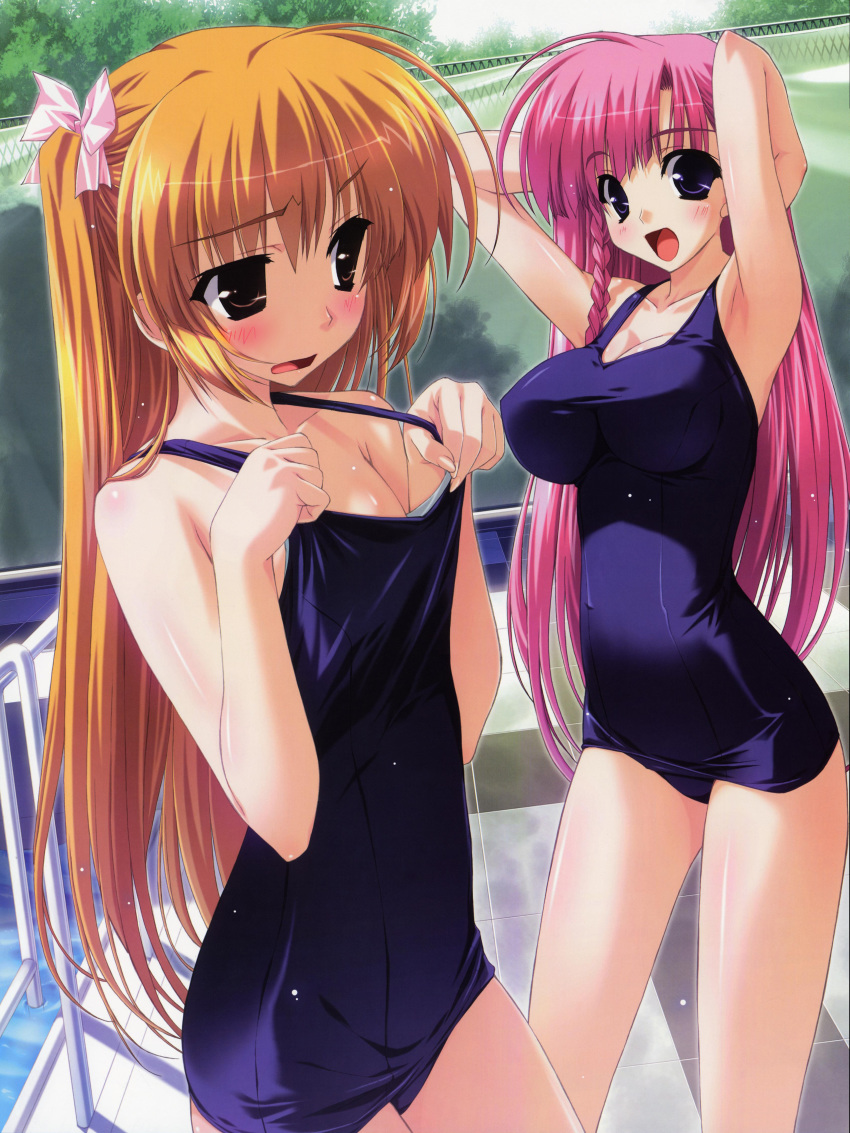 2girls blush braid breast_envy brown_eyes brown_hair cleavage detexted hair_ribbon large_breast long_hair mizugi open_mouth pettanko pink_hair pool purple_eyes ribbon screening shintarou standing sukumizu