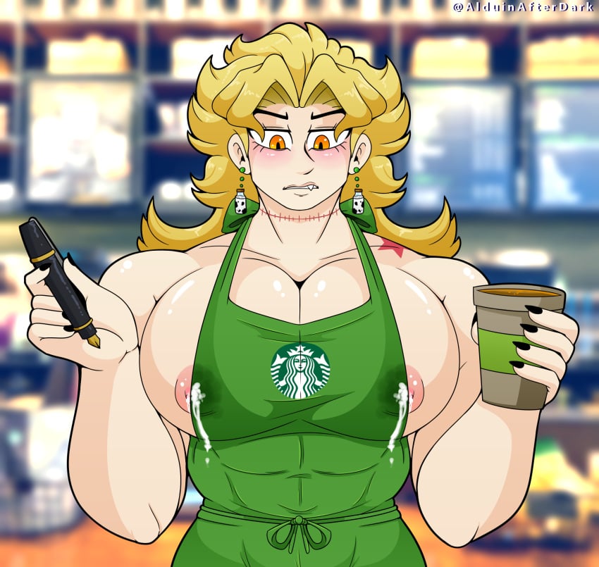 1boy alduinafterdark apron birthmark black_nails blonde_hair blush cafe coffee coffee_cup cup dio_brando disposable_cup earrings fangs gay holding holding_cup iced_latte_with_breast_milk jewelry joestar_birthmark jojo's_bizarre_adventure large_pectorals long_hair male male_focus male_lactation male_only meme milk muscular muscular_male naked_apron nipples orange_eyes pectorals scar scar_on_neck stardust_crusaders