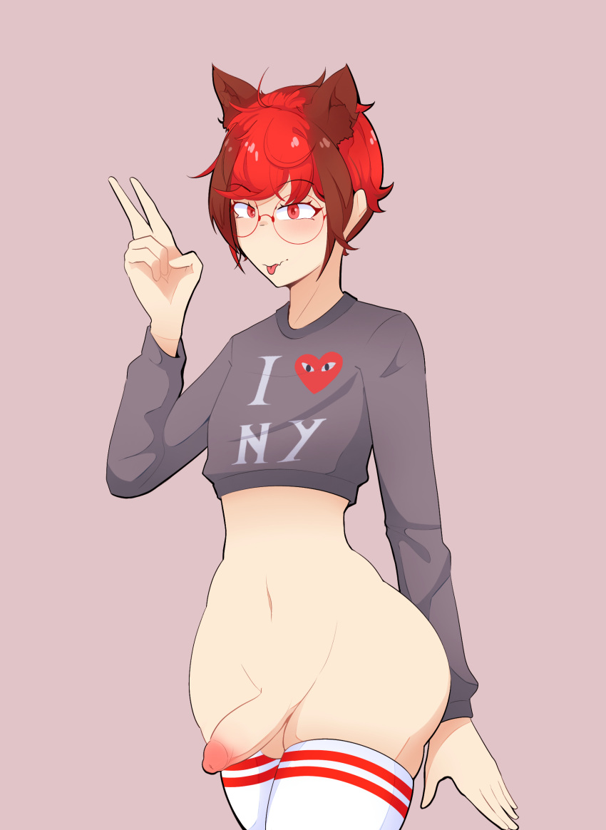 1boy cat_ears commission commissioner_upload crop_top desti_n_moon femboy gay glasses grey_shirt long_sleeves neko-jan peace_sign penis red_brown_hair red_eyes roblox roblox_avatar tagme thighhighs