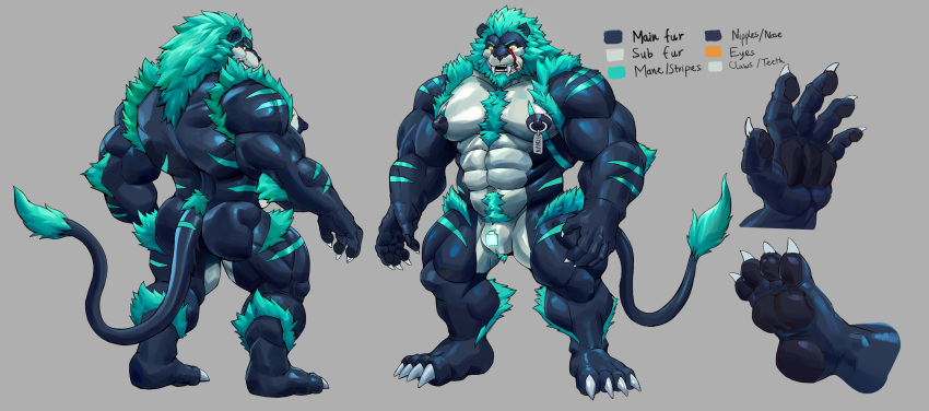 2023 4_toes 5_fingers abs absurd_res anthro arm_tuft ass back_muscles biceps blue_body blue_fur body_hair calf_tuft chest_tuft claws color_swatch elbow_tuft esganoth facial_scar featureless_crotch feet felid finger_claws fingers flexor_carpi fur green_hair hair happy_trail hi_res lion lock_symbol male mammal mane model_sheet multicolored_body multicolored_fur muscular_thighs name_tag navel nipple_piercing nipple_ring nipples obliques pantherine pawpads pecs piercing pubes quads red_scar ring_piercing scar shoulder_tuft solo stripes tag tail tail_tuft thigh_tuft toe_claws toes triceps tuft two_tone_body two_tone_fur tyrus_(areinf88) yellow_eyes