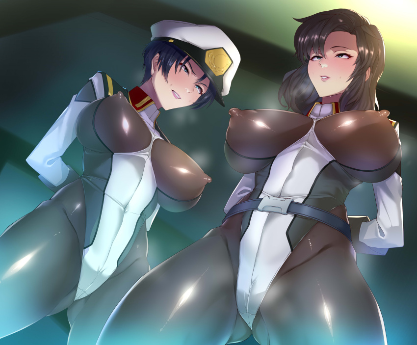 2girls ahe_gao big_breasts big_thighs blush breasts busty erect_nipples erect_nipples_under_clothes female gundam gundam_seed harunori_oogami huge_breasts huge_thighs large_breasts large_thighs leotard mature_female milf multiple_girls murrue_ramius natarle_badgiruel thick_thighs thighs tights voluptuous