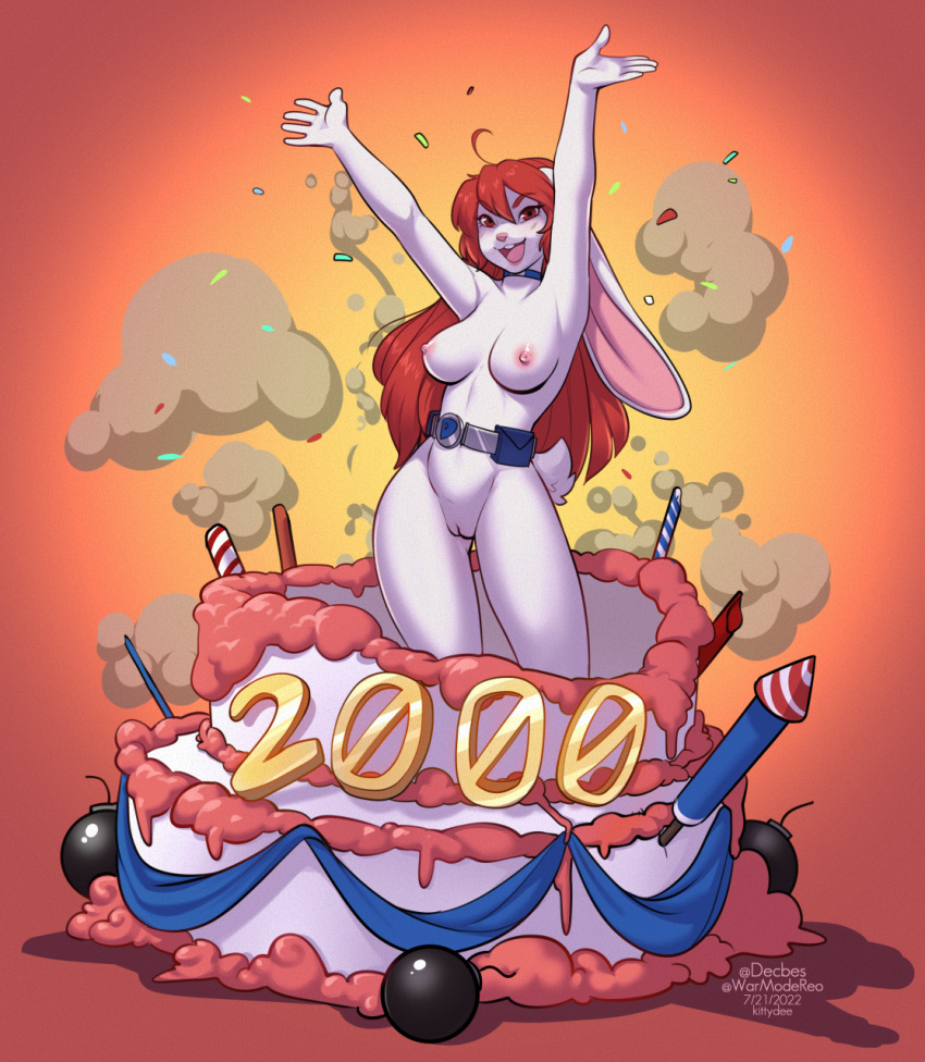 action_girls_club_(agc) anthro belt big_breasts big_ears birthday_cake breasts cake confetti dessert durabelle female fireworks food genitals hair hi_res hiding_inside_cake kittydee lagomorph leporid looking_at_viewer mammal nipples pussy red_hair simple_background solo utility_belt