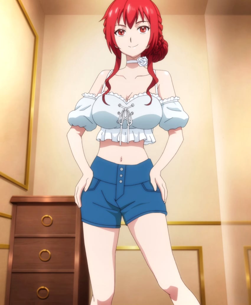 1girls alternate_hairstyle amelia_rose big_breasts breasts busty cleavage confident denim denim_shorts female female_only hair_bun hands_on_hips highres hyouken_no_majutsushi_ga_sekai_wo_suberu large_breasts legs long_hair midriff navel pose posing red_eyes red_hair sensual shorts sleeveless smile stitched thighs third-party_edit