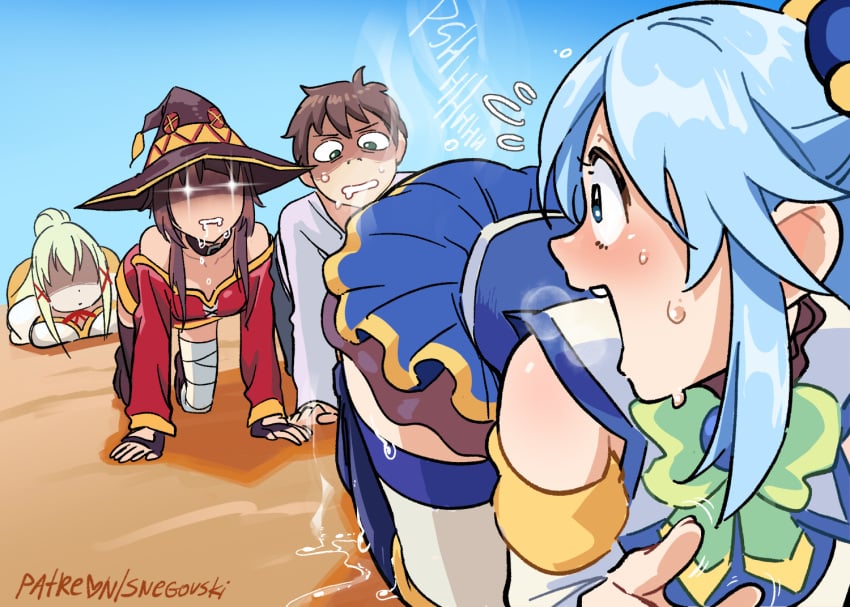 1boy 3girls aqua_(konosuba) ass_sweat booty_sweat butt_sweat darkness_(konosuba) desert female funny kono_subarashii_sekai_ni_shukufuku_wo! male megumin mouth_drool multiple_girls saliva_drip salivating satou_kazuma snegovski sweat sweatdrop sweating thirsty