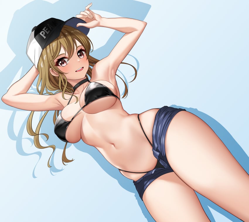 1girls arm_behind_head arms_up baseball_cap big_breasts bikini breasts brown_eyes brown_hair busty cleavage d4dj denim denim_shorts dopamine70 female female_only hat highres large_breasts legs long_hair looking_at_viewer navel shorts smile swimsuit thighs thong_bikini unbuttoned unzipped voluptuous yamate_kyouko