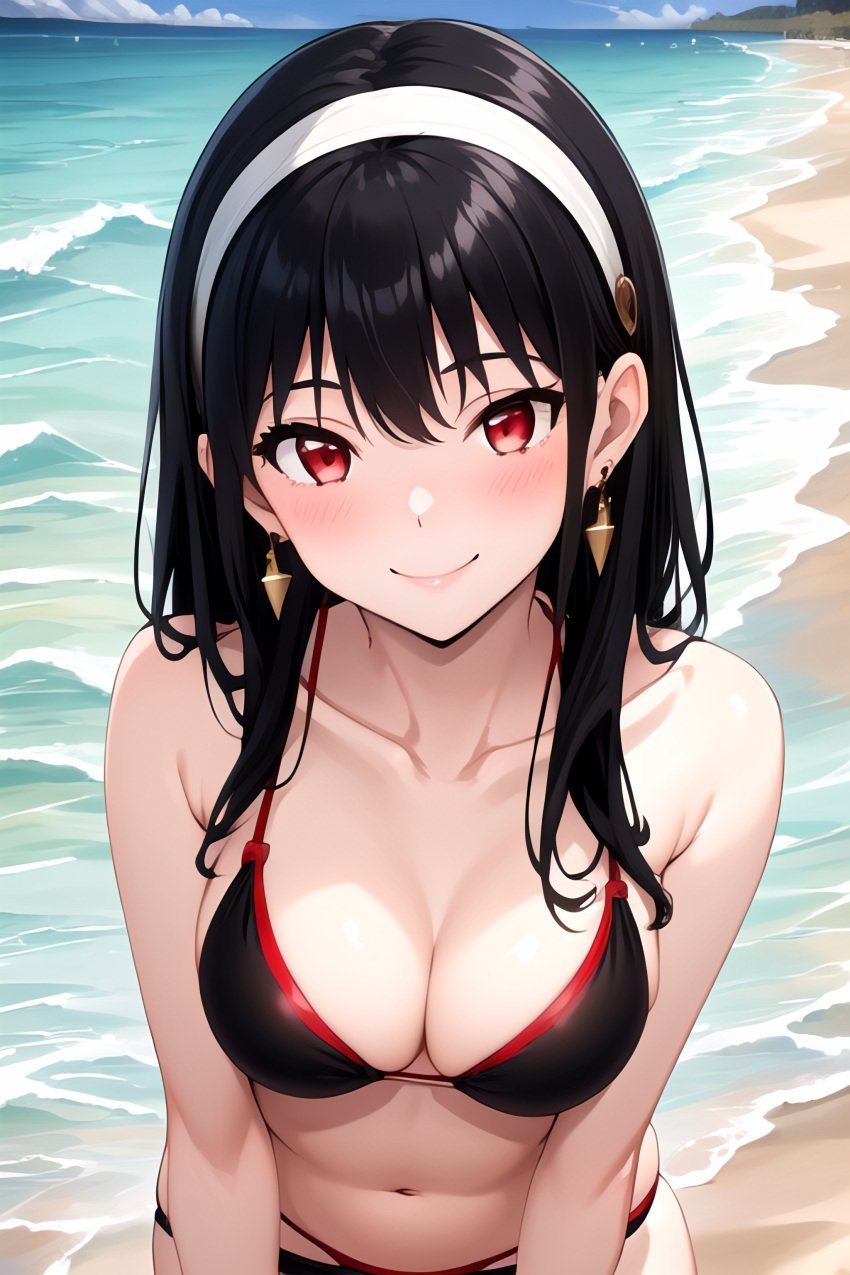 ai_generated assassin bangs bare_shoulders beach bikini black_bikini black_hair blush boat breasts caustics cleavage closed_mouth collarbone cross_earrings day dock earrings earth_\(planet\) female fisheye footprints hairband halterneck horizon island jewelry lake large_breasts lighthouse long_hair looking_at_viewer navel ocean outdoors pier planet pool poolside red_eyes river sand seashell shallow_water shell shore smile solo spy_x_family stable_diffusion star_earrings swimsuit thorn_princess wading water watercraft waves yor_briar