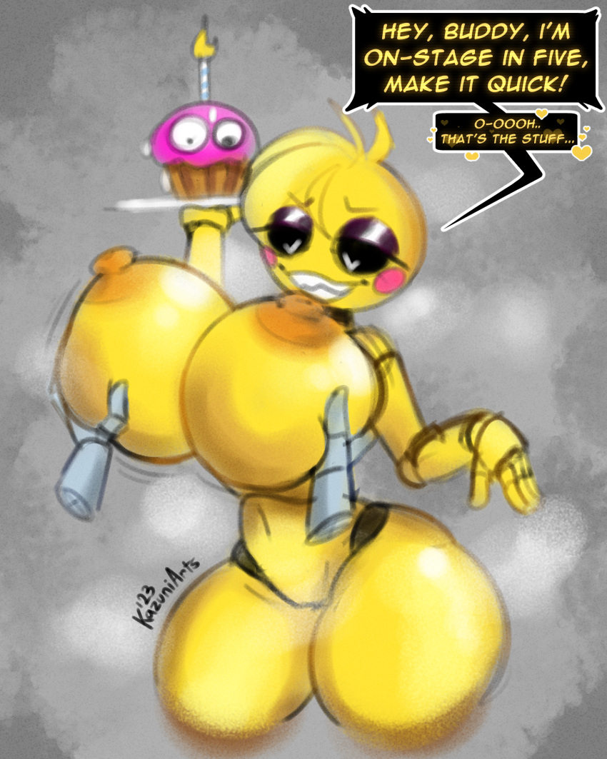 animatronic anthro avian big_breasts bird breast_squish breasts chicken cupcake_(fnaf) disembodied_hand doll_joints female five_nights_at_freddy's five_nights_at_freddy's_2 fondling fondling_breast galliform gallus_(genus) hi_res huge_breasts kazuniarts machine nipples phasianid robot scottgames squish thick_thighs toy_chica_(fnaf)