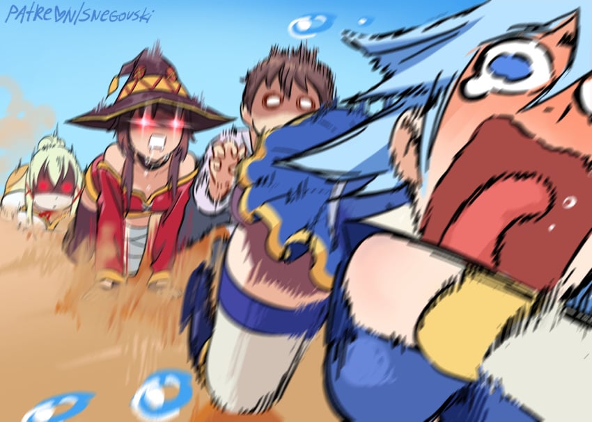 1boy 3girls aqua_(konosuba) aqua_face aqua_screaming_(meme) darkness_(konosuba) desert female funny kono_subarashii_sekai_ni_shukufuku_wo! male megumin multiple_girls satou_kazuma snegovski thirsty