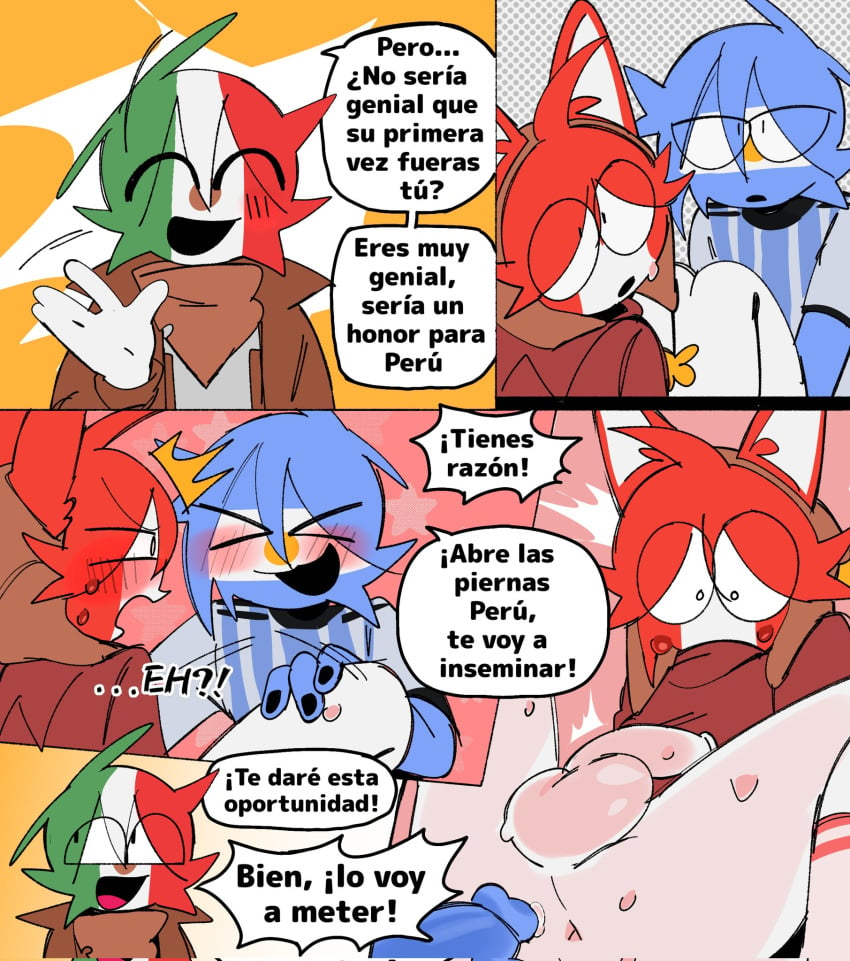 ailewzol animal_ears argentina_(countryhumans) big_penis blush clothing comic countryhumans flag humanoid humanoid_penis male male_only meme mexico_(countryhumans) motoanexo peru_(countryhumans) shitpost spanish_text text translation_request trio white_body white_skin yaoi