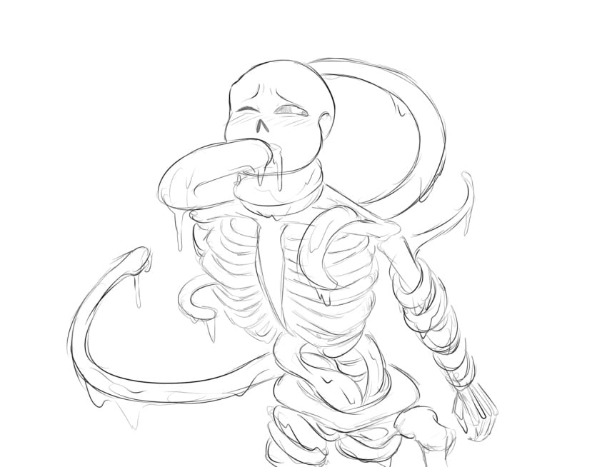 animated_skeleton completely_naked completely_nude naked nsfwgarbagedump_(artist) nude one_eye_closed sans sans_(undertale) skeleton solo_focus tentacle tentacle_around_leg tentacle_in_mouth tentacle_sex tentacles undertale undertale_(series)