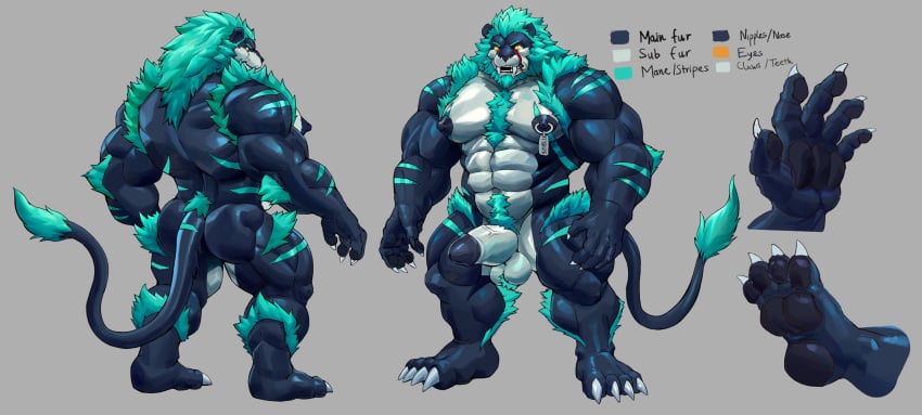 2023 4_toes 5_fingers abs absurd_res anthro arm_tuft ass back_muscles balls biceps blue_body blue_fur body_hair calf_tuft chest_tuft claws color_swatch elbow_tuft esganoth facial_scar feet felid finger_claws fingers flexor_carpi fur genitals green_hair hair hairy_balls happy_trail hi_res lion male mammal mane model_sheet multicolored_body multicolored_fur muscular_thighs name_tag navel nipple_piercing nipple_ring nipples obliques pantherine pawpads pecs penis piercing pubes quads red_scar ring_piercing scar shoulder_tuft solo stripes tag tail tail_tuft thigh_tuft toe_claws toes triceps tuft two_tone_body two_tone_fur tyrus_(areinf88) vein veiny_penis yellow_eyes