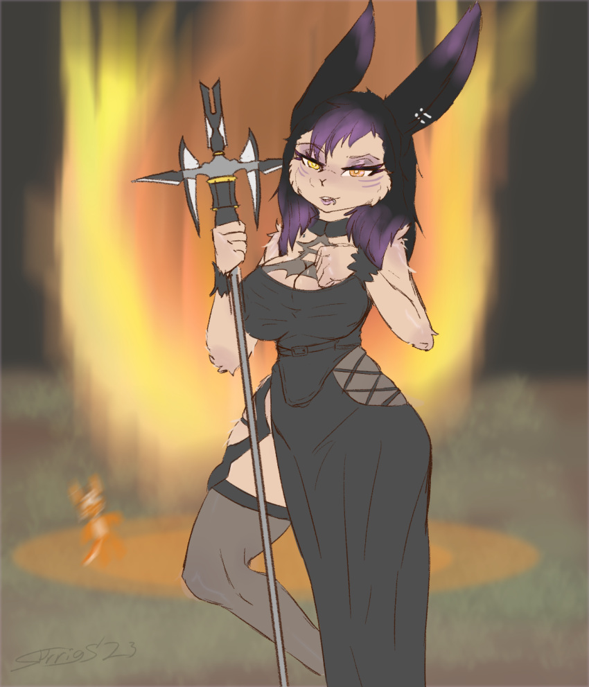 anthro big_chest black_mage clothing dress ear_piercing eliza_razelight female final_fantasy hair hi_res invalid_background lagomorph legwear leporid limit_break lipstick magic_user makeup mammal piercing rabbit solo sprrigs- square_enix staff thigh_highs