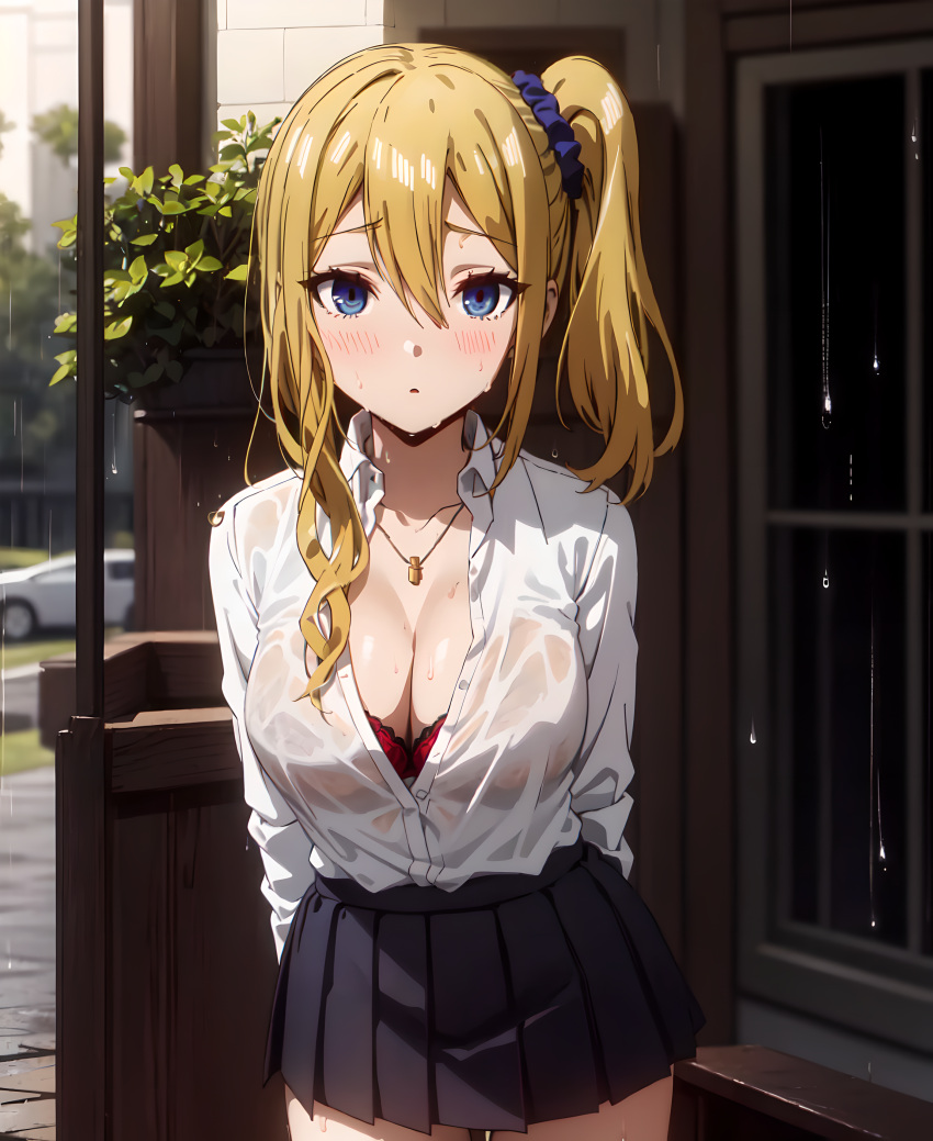 1girls ai_generated black_miniskirt black_skirt blonde_hair blue_eyes blush bra breasts cleavage clothing hayasaka_ai kaguya-sama_wa_kokurasetai_~tensai-tachi_no_renai_zunousen~ large_breasts looking_at_viewer miniskirt nai_diffusion necklace rain red_bra school_uniform see-through see-through_clothing side_ponytail skirt solo subaruarm teenager wet wet_clothes