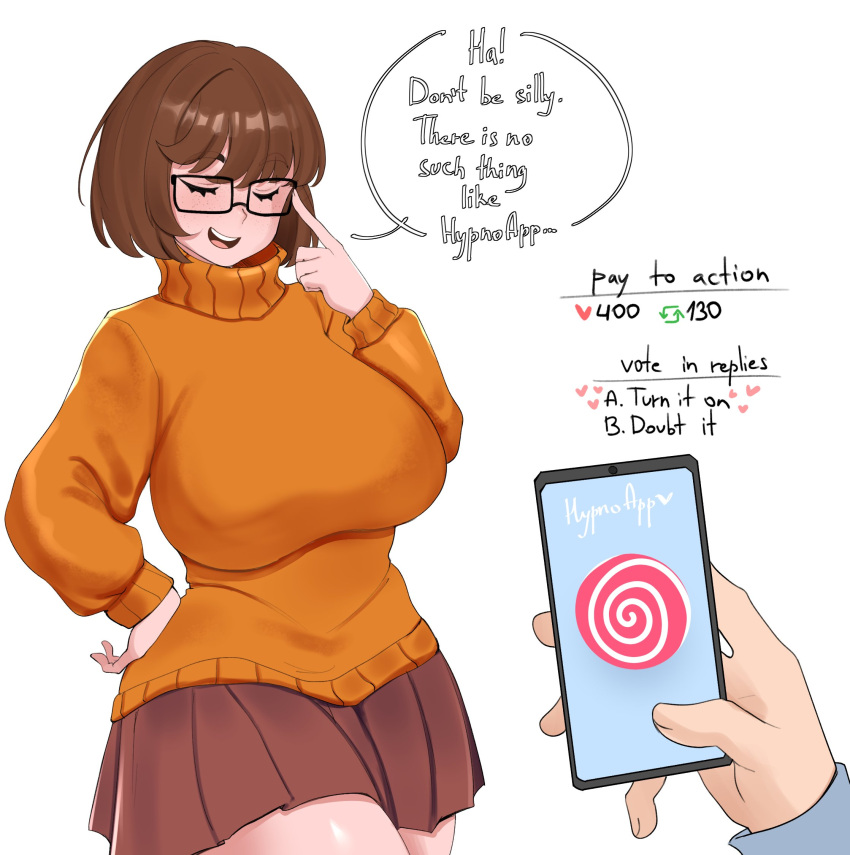 1girls alternate_breast_size brown_hair detectiveneko freckles glasses huge_breasts hypnosis hypnosis_app mind_control open_mouth scooby-doo short_hair skirt smile strip_game sweater text thick_thighs thighs turtleneck_sweater velma_dinkley