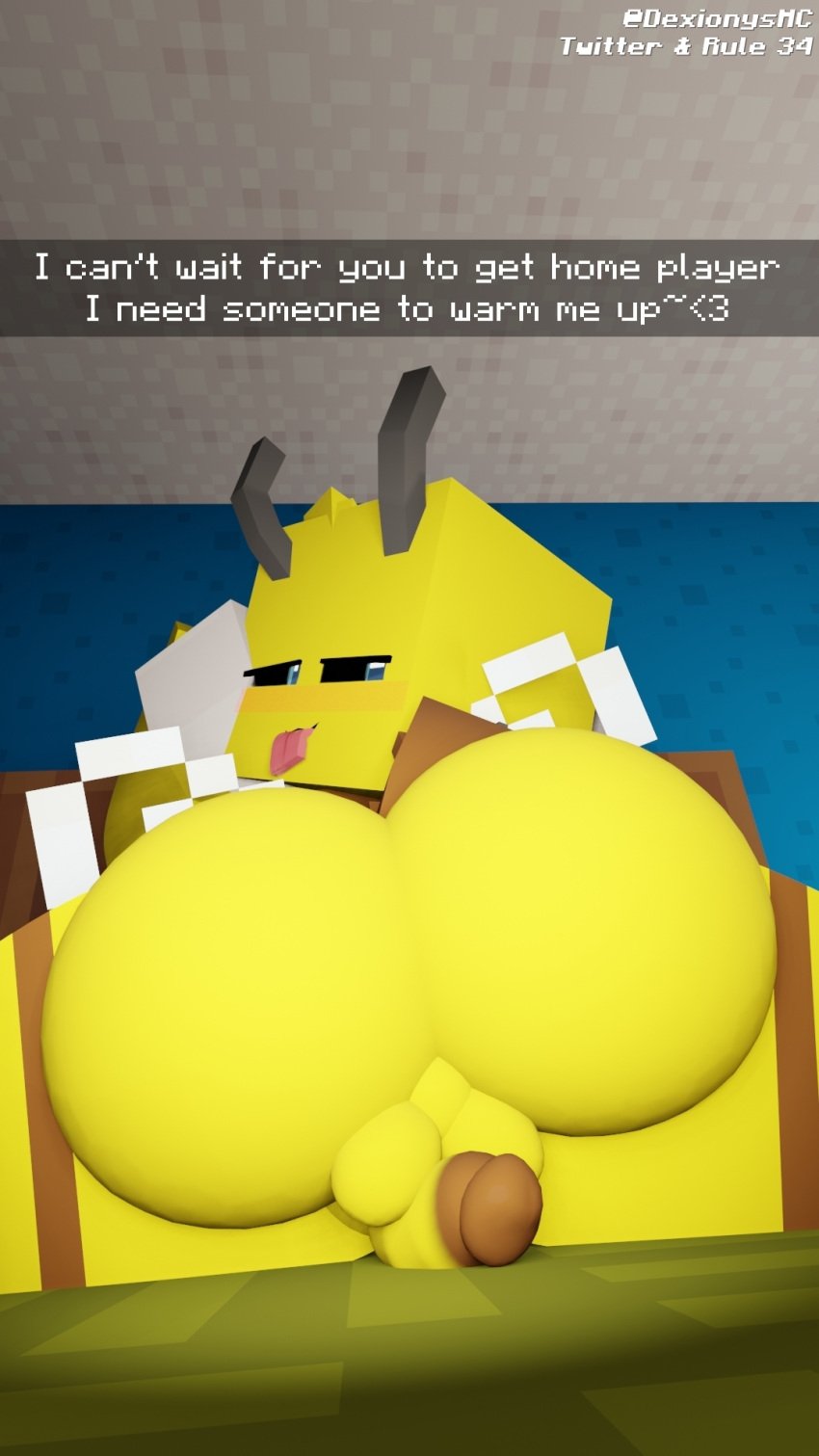 3d ass balls bed bedroom bee bee_(minecraft) behind_view dexiony'smc eyes femboy henbree_(dexiony'smc) image looking_at_viewer male male_only minecraft penis solo tagme text tongue_out waiting watermark