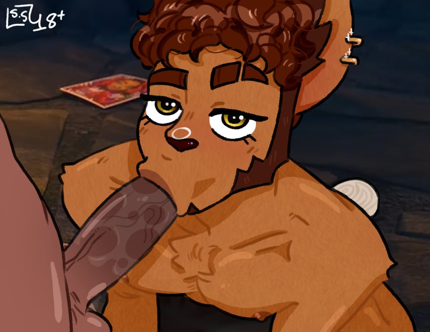 brown_hair clawd_wolf clawd_wolf_(g3) curly_hair dark-skinned_male darrkstarr earring eyebrow_slit fur gay hands_and_knees male/male male_only monster_high monster_high_g3 nipples nude penis saliva shoes slobber sneakers spit sucking sucking_penis werewolf wolf_ears wolf_nose yaoi yellow_eyes