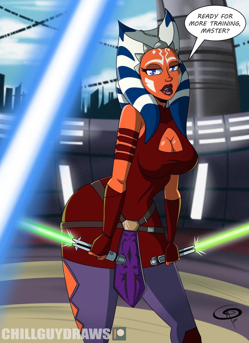 1girls ahsoka_tano alien alien_girl alien_humanoid blue_eyes blue_lightsaber cleavage cleavage_cutout clone_wars coruscant dialogue dress english_text eyelashes facial_markings frostbiteboi green_lightsaber humanoid jedi jedi_knight jedi_padawan jedi_temple lightsaber loincloth long_eyelashes melee_weapon offscreen_character orange_skin patreon seductive sharp_teeth short_dress signature speech_bubble standing star_wars student sword teacher teacher_and_student text thigh_cutout togruta training weapon