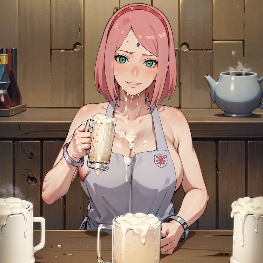 1girls after_oral after_sex ai_generated apron apron_only bob_cut boruto:_naruto_next_generations breasts cleavage cum cum_in_container cum_on_glass curvaceous drinking_cum excessive_cum facial_mark female female_focus forehead_mark gokkun green_eyes haruno_sakura holding_object imminent_gokkun jar looking_at_viewer mature mature_female milf nai_diffusion naruto naruto_(series) nasty_ai parted_bangs pink_hair sakura_haruno solo solo_focus stable_diffusion voluptuous