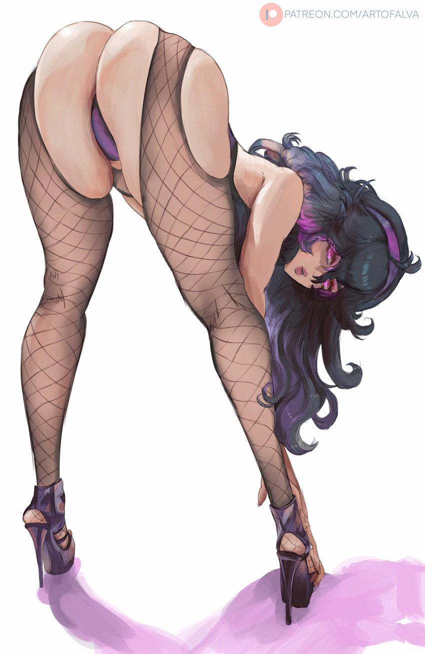 1girls 2023 artofalva ass black_stockings bubble_butt cutesexyrobutts_(style) fishnet_legwear fishnets hex_maniac hi_res high_heels high_resolution huge_breasts looking_at_viewer looking_back nintendo npc_trainer platform_footwear platform_heels pokemon pokemon_xy shoes solo_female solo_focus voluptuous voluptuous_female