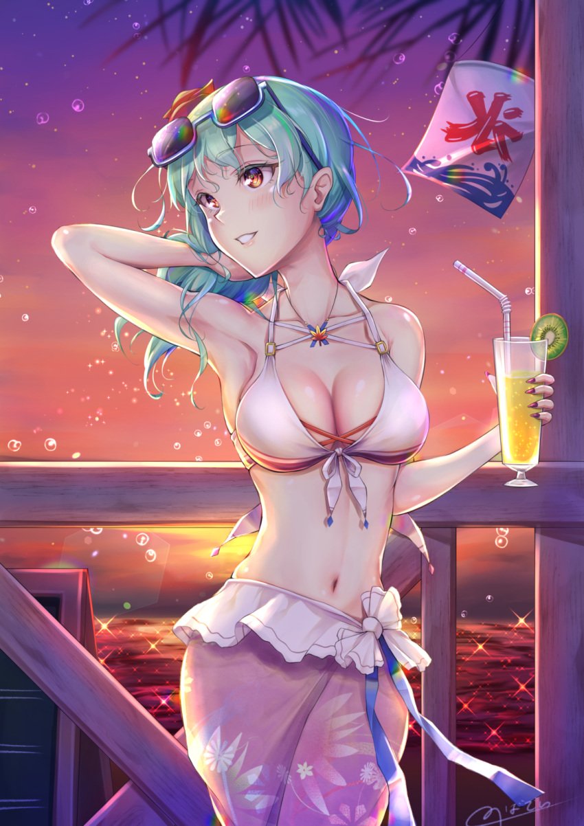 1girls akizora_mona armpits beach bikini breasts cleavage female female_only glass green_hair hand_behind_head hand_in_hair hand_in_own_hair holding_glass kiwifruit looking_away looking_to_the_side medium_hair navel necklace nobady orange_eyes outdoors pink_skirt purple_nails sea skirt smile solo standing sunglasses sunglasses_on_head sunset swimsuit twilight two_piece_swimsuit water