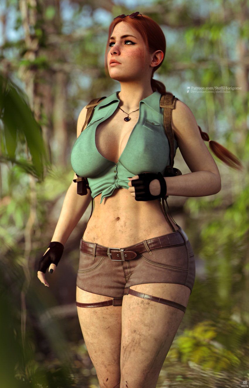 1girls 3d 3d_(artwork) abs absurd_res absurdres aloy alternate_breast_size alternate_hairstyle bare_arms bare_legs bare_midriff bare_shoulders bare_thighs belt belt_buckle big_breasts black_nails cleavage clothed clothed_female clothing crop_top dirty dirty_body dirty_skin female female_focus female_only fingerless_gloves freckles gloves hi_res highres holster horizon_forbidden_west horizon_zero_dawn lara_croft_(cosplay) long_hair looking_away looking_up midriff nail_polish necklace nipple_bulge painted_nails ponytail red_hair shirt short_hair solo solo_female solo_focus sony_interactive_entertainment steffih_daz sunglasses sunglasses_on_head tied_hair tomb_raider toned_female toned_stomach