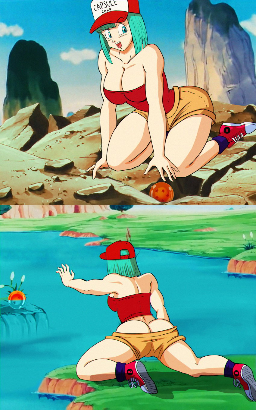 1girls 2020s 2021 accurate_art_style adult adult_girl anime ass ass_cleavage blue_eyes blue_eyes_female blue_socks bottomwear_down_slightly brown_bottomwear bulma_briefs bulma_briefs_(cell_saga) butt_crack butt_crack_outline cap clouds confident curvaceous curvy curvy_figure day denim_shorts dragon_ball dragon_ball_(object) dragon_ball_z dudette exposed_ass eyebrow_visible_through_headwear female female_only front_view grass kneepit light-skinned_female light_skin logo_on_footwear manga on_knees open_mouth outdoors raised_eyebrow rear_view red_topwear rocks salvamakoto shorts sky smile snapback sneakers socks solo solo_female strong_tomboy_(spectrum) text_on_headwear toei_animation tomboy two_tone_footwear two_tone_footwear_(redandwhite) two_tone_headwear two_tone_headwear_(redandwhite) water