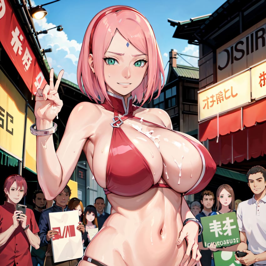 1girls after_paizuri after_sex ai_generated being_watched bob_cut boruto:_naruto_next_generations breasts cleavage cum cum_on_body cum_on_breasts curvaceous exhibitionism exhibitionist facial_mark female female_focus forehead_mark green_eyes haruno_sakura looking_at_viewer mature mature_female milf nai_diffusion naruto naruto_(series) nasty_ai outdoors parted_bangs people_in_background pink_hair sakura_haruno solo solo_focus stable_diffusion voluptuous