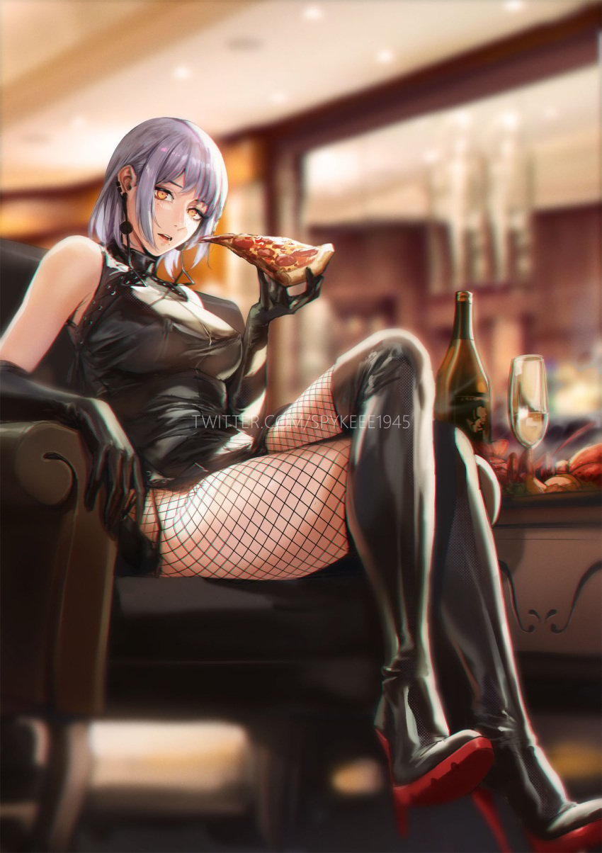 black_footwear black_gloves black_leotard blurry blurry_background boots chainsaw_man champagne_bottle champagne_flute covered_erect_nipples crossed_legs cup drinking_glass earrings elbow_gloves fami_(chainsaw_man) female fishnets food gloves grey_hair high_heel_boots high_heels highres holding holding_food holding_pizza jewelry leotard lobster looking_at_viewer mole mole_under_eye mole_under_mouth multiple_moles open_mouth pizza ringed_eyes short_hair sitting solo spykeee tassel tassel_earrings thigh_boots yellow_eyes