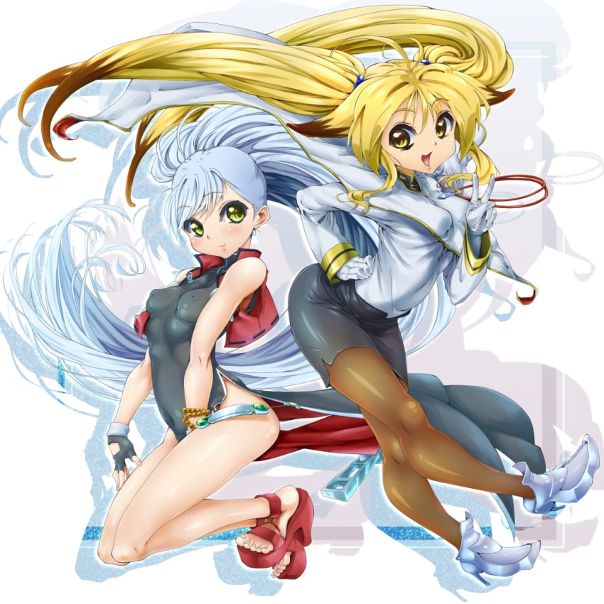 2girls black_skirt blonde_hair blue_hair breasts brown_hair brown_pantyhose china_dress chinese_clothes crossover dress female female_only green_eyes grey_hair high_heels human jacket kounotori_(501465) long_hair looking_at_viewer martian_successor_nadesico minami_omi multicolored_hair multiple_girls namco_x_capcom nipples pale-skinned_female pale_skin pantyhose ponytail project_x_zone ruri_hoshino skirt sleeveless sleeveless_dress super_robot_wars super_robot_wars_og_saga_mugen_no_frontier twintails two-tone_hair v voice_actor_connection white_jacket xiaomu yellow_background