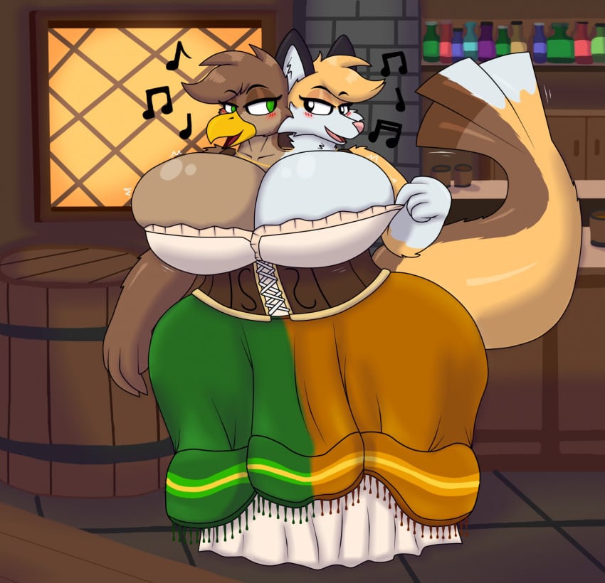 anthro avian barrel bird bottles breasts busty canine conjoined corset floor fox furry medieval medieval_clothing musical_note pilot129 pilot_(character) pilot_(pilot129) shelve singing tavern thick zera_(titsunekitsune)