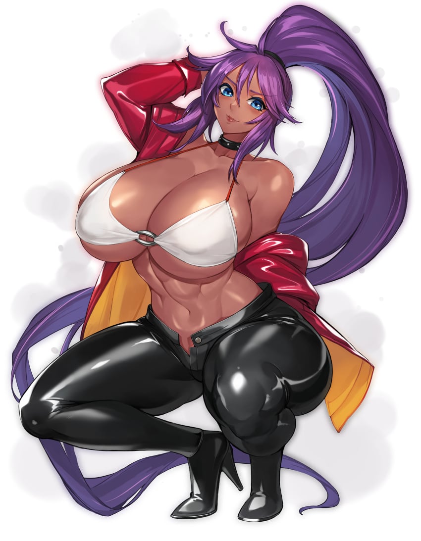 1girls 2023 2d 2d_(artwork) anzu_(docbats) athletic athletic_female big_breasts big_thighs black_pants blue_eyes bra breasts busty cleavage collar dark-skinned_female dark_skin female female_focus female_only fit_female gurimjang hi_res highres hips hourglass_figure huge_breasts large_breasts large_thighs leather_clothing leather_jacket leather_pants long_hair midriff muscular muscular_female navel original original_character purple_hair red_jacket smile smiling smiling_at_viewer solo solo_female solo_focus spiked_collar thick_thighs thighs unbuttoned very_long_hair voluptuous white_bra wide_hips